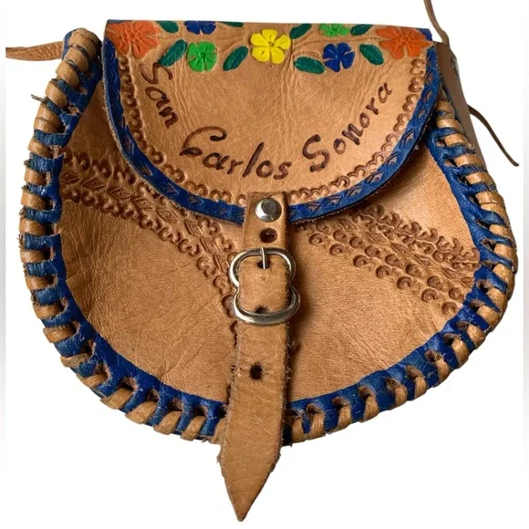 Authentic San Carlos Sonora Mexican  Handcrafted Leather Crossbody Bag Floral - Picture 3 of 12